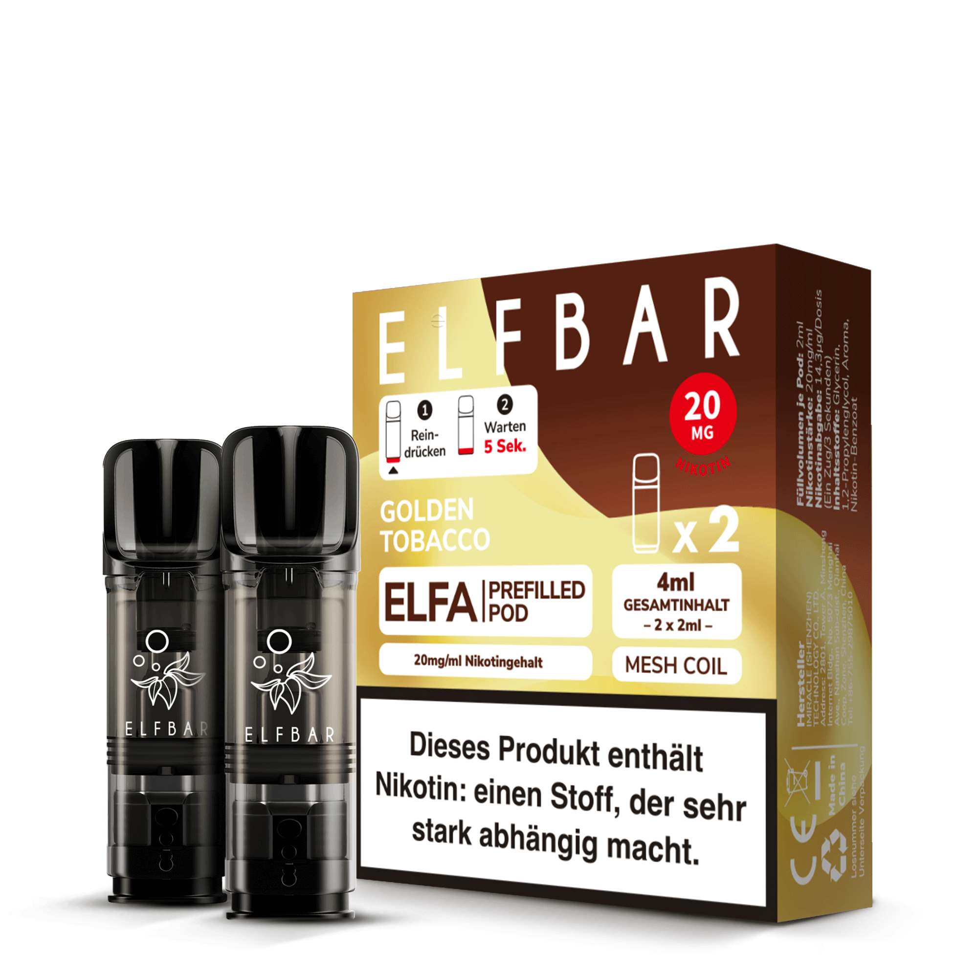 Elfbar - ELFA - Prefilled Pods (2 pcs) - Golden Tobacco - 20mg/ml // German Tax Stamp